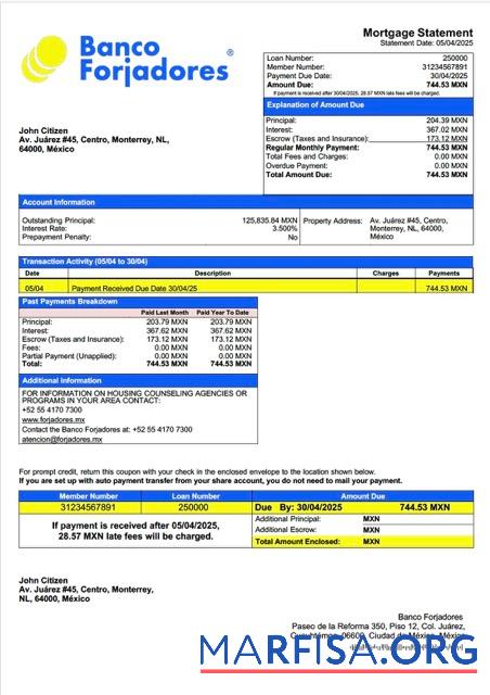 Blank Mexico Banco Forjadores mortgage statement Word and PDF template